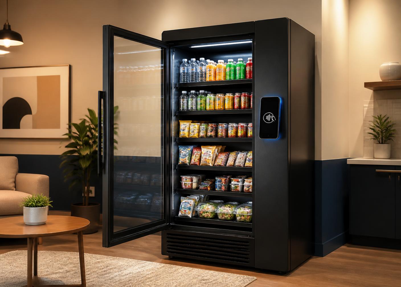 Lineup of sleek micro mart machines with card tappers and glass doors that open to grab products